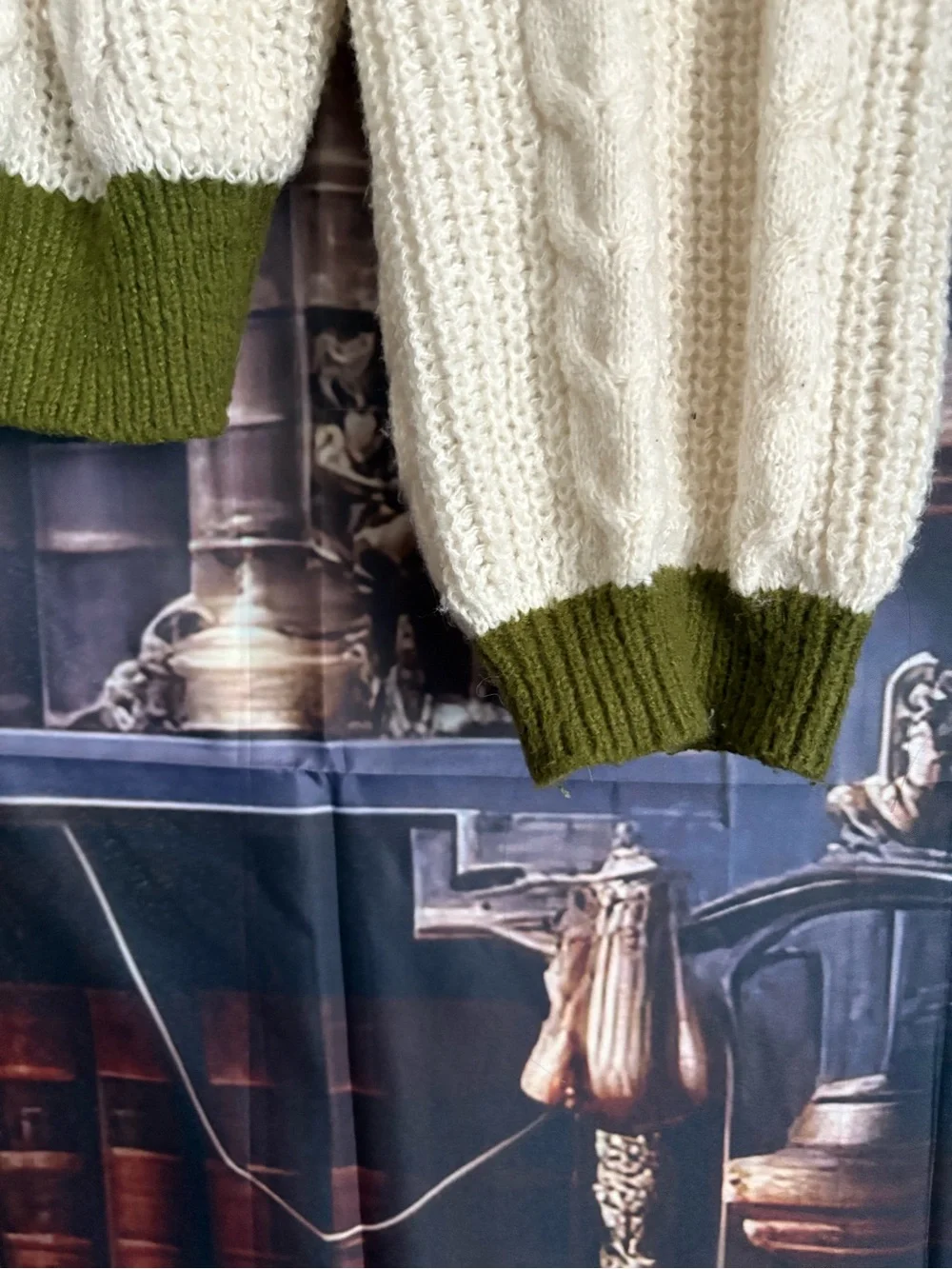 T.S. Evermore Cream Cable Knit Cardigan with Olive Trim - Picture 3 of 7